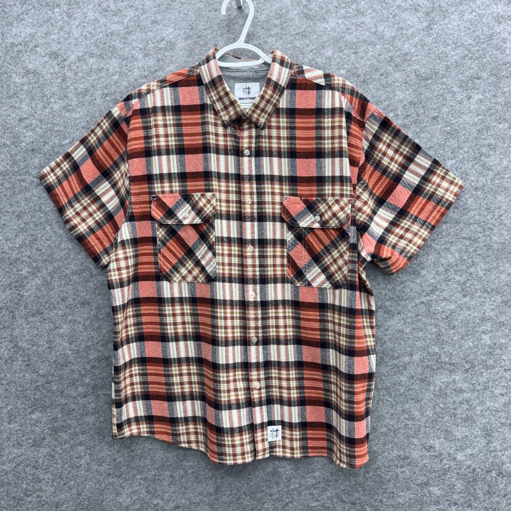 Mocotono Men's Plaid Short Sleeve Button Down Shirt XL, 100% Cotton, Red Brown